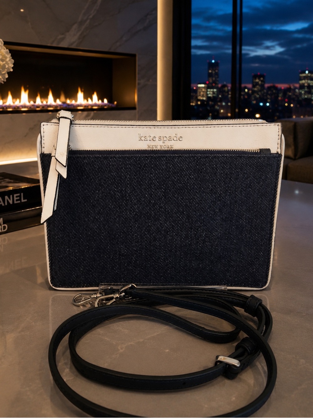 kate spade Cameron Color-block White and Navy Denim Two-Tone Crossbody Bag